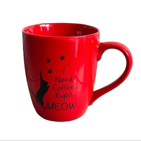 I Need Coffee Right Meow Coffee Tea Mug Cat Silhouette Hazel & Co Red Black